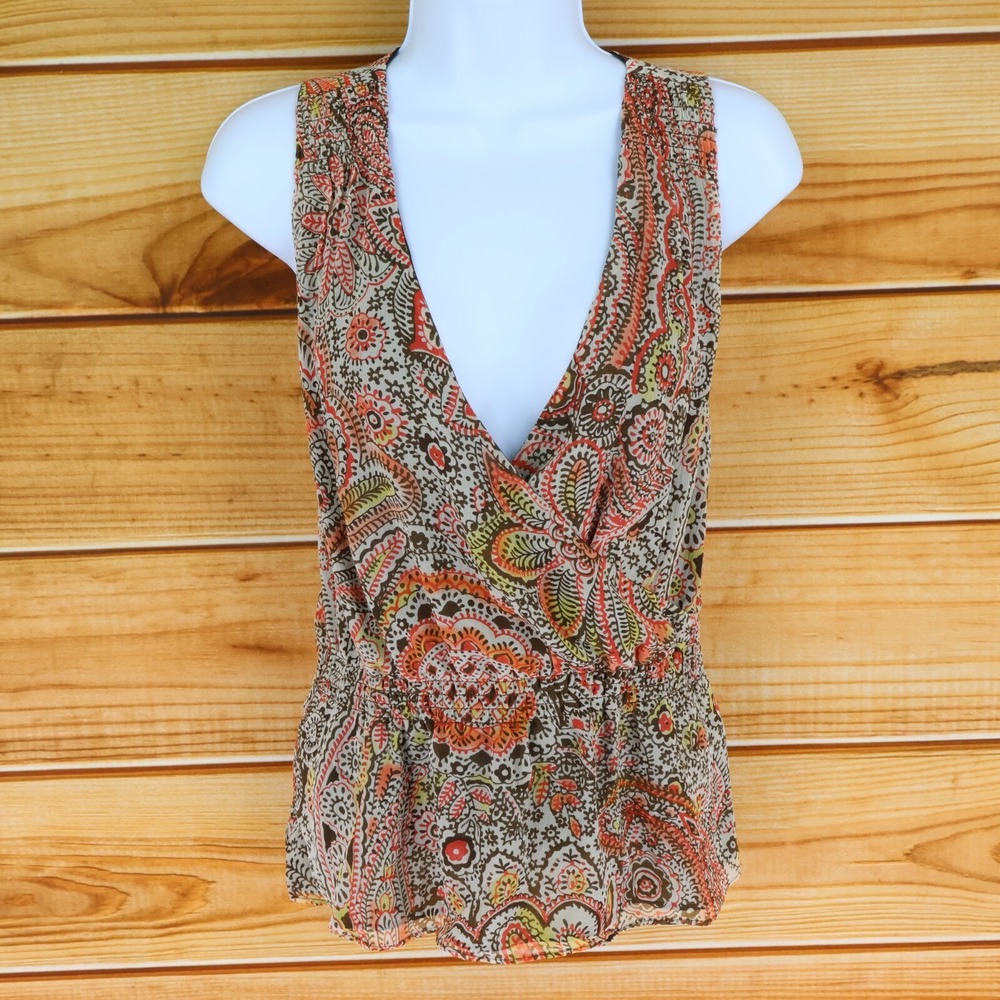 Ann Taylor Sleeveless Blouse Womens 4 Multicolor Paisley 100% Silk Stretch Waist